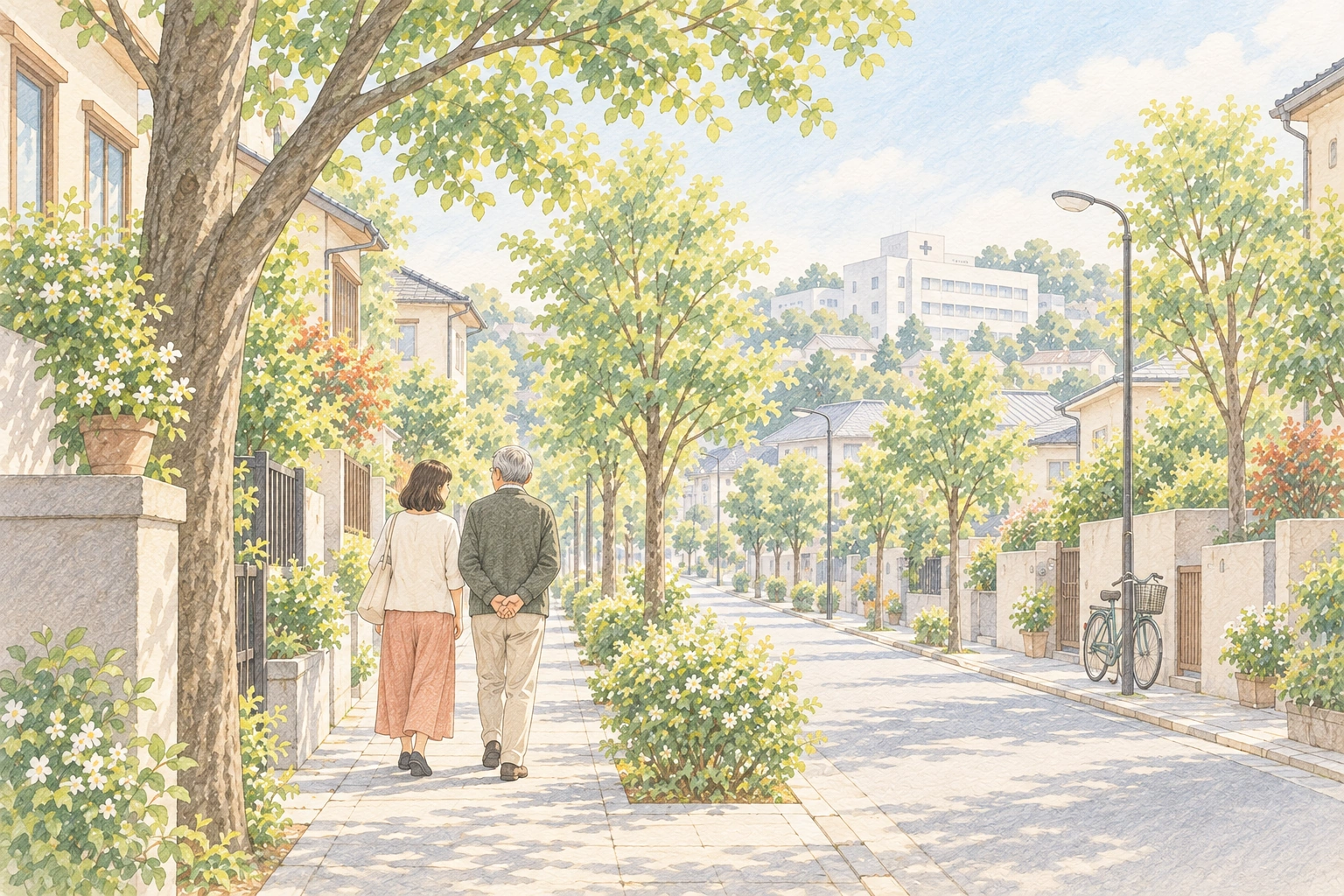 緑のある街を歩く患者さんとご家族を描いた、地域での暮らしのイメージ