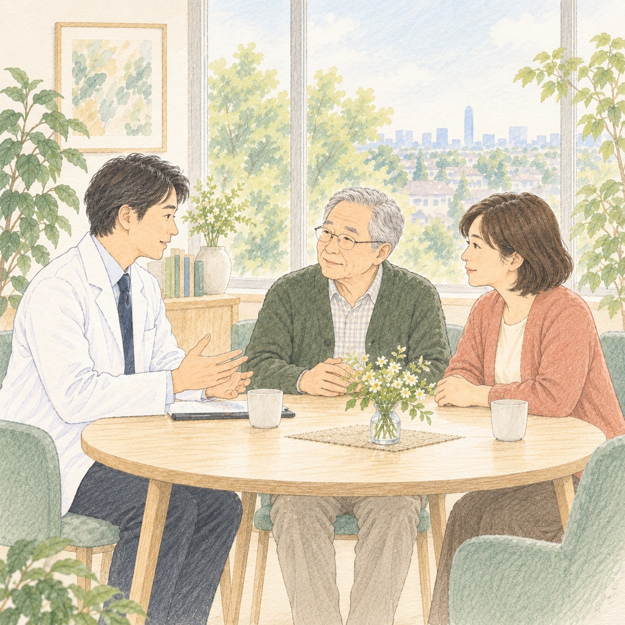 医師が患者さんとご家族の話を聞く、診察室のイメージイラスト